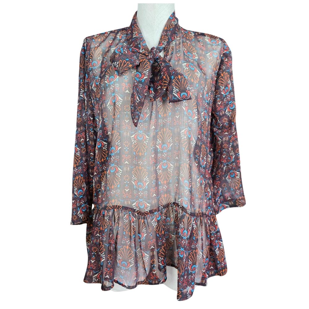 Womens KUT From the Kloth brown multicolor sheer blouse Size L TUNIC Boho NWT